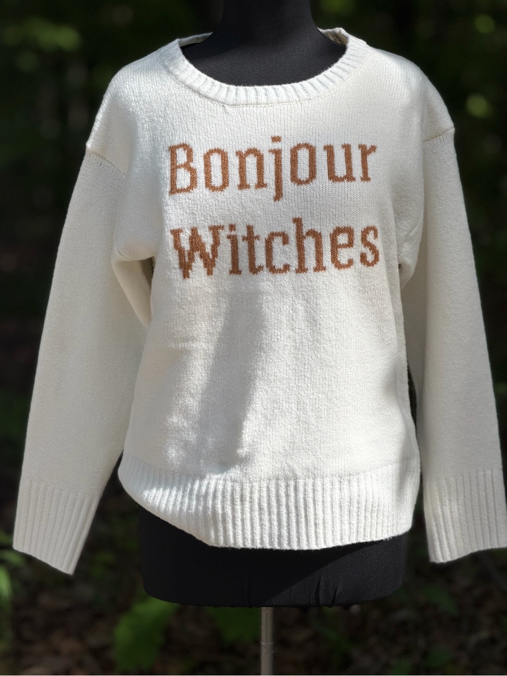 Francesca's Collections Cream Sweater with Brown 'Bonjour Witches' Graphic
